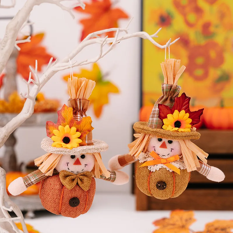 Harvest Season Sunflower Maple Scarecrow Doll Pendant Mini Pumpkin Doll Autumn Decoration Thanksgiving Gnome Country Home Decor