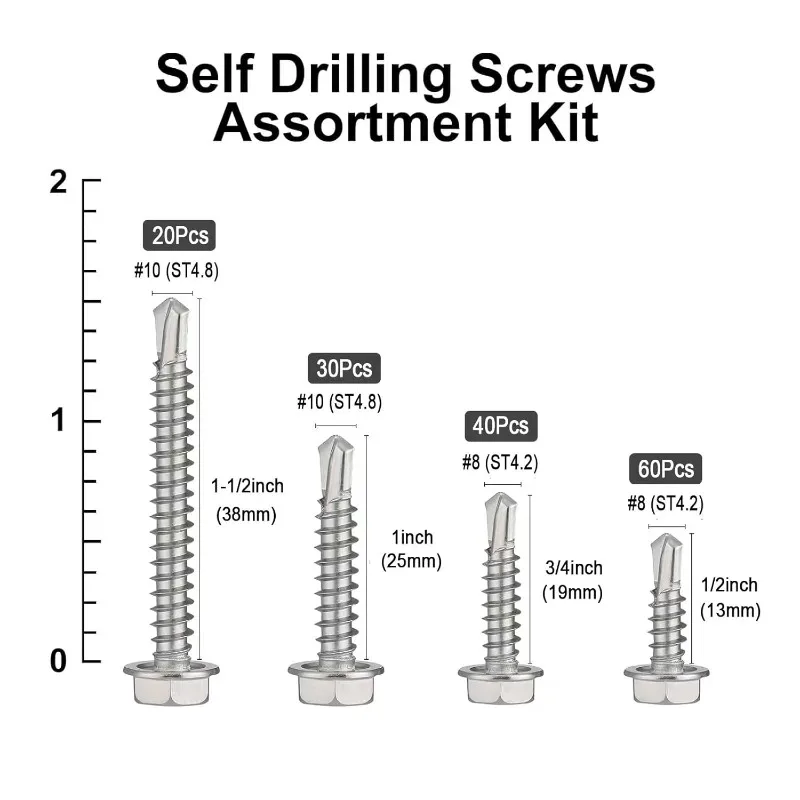 150-Piece Self-Drilling Screw Combination Set, 410 Stainless Steel Self-Tapping Sheet Metal Tek Screws # 8 1/ 2inch , 3/ 4inch , # 10 1inch ,1-1/ 2inch , Hexagonal Washer Head, Anti-Rust Fasteners, Suitable for m Series Fasteners