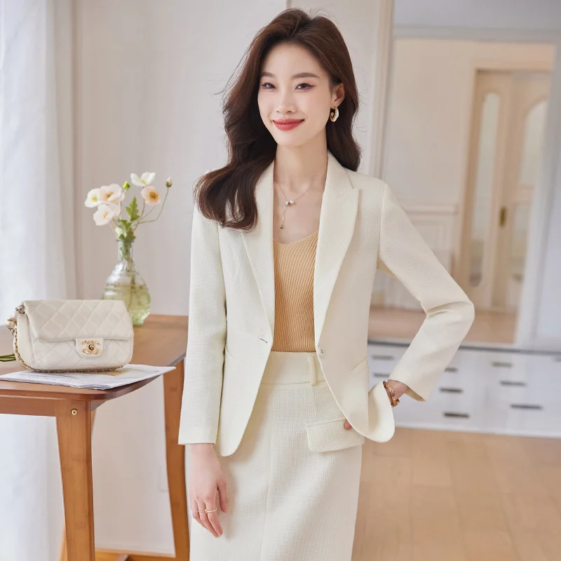 2023 Elegant Women Formal Jacket Skirt Suit Ladies Black Blue Beige Long Sleeve Female Blazer Two Piece Set For Autumn Winter