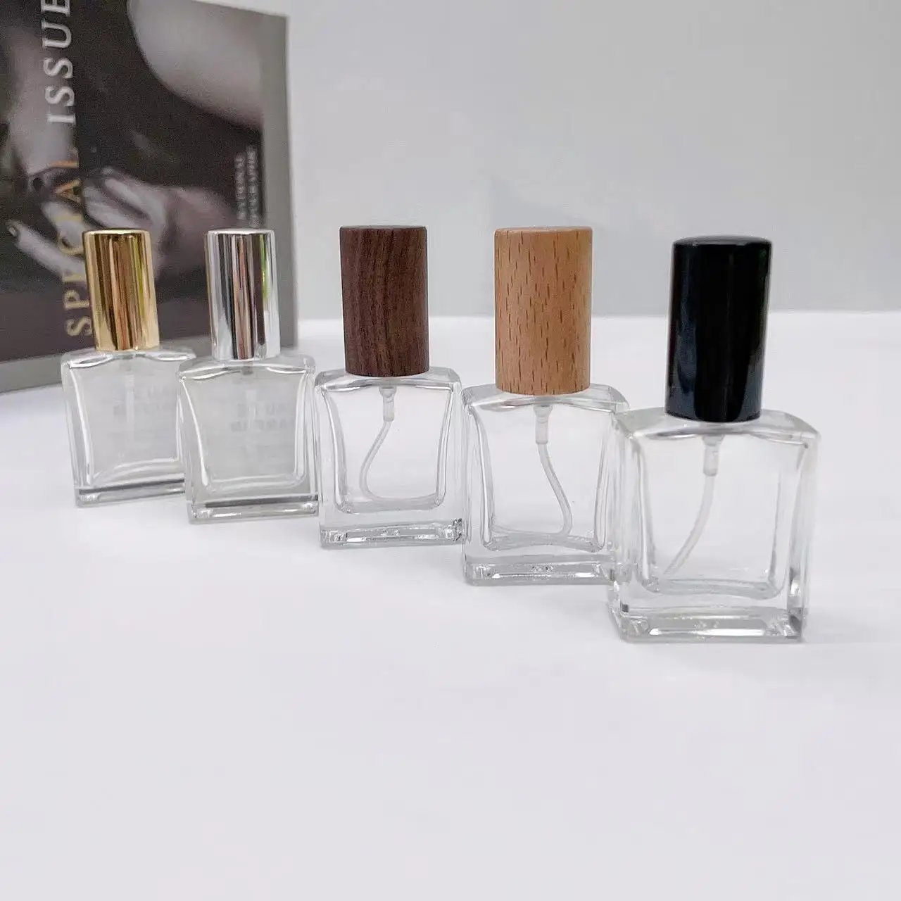 10ml Transparent Thick Glass Perfume Spray Bottle with Wood Cap Empty Perfume Atomizer Portable Square Refillable Bottles