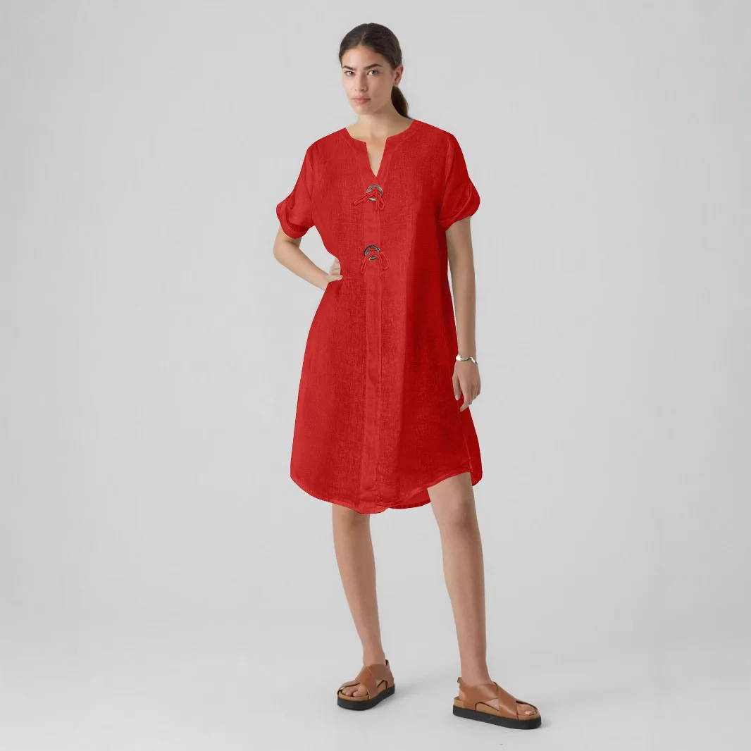 

Casual Solid Color Dress Women's Button V-neck Loose Half Sleeved Dress Women's Spring And Summer New Commutingstyle