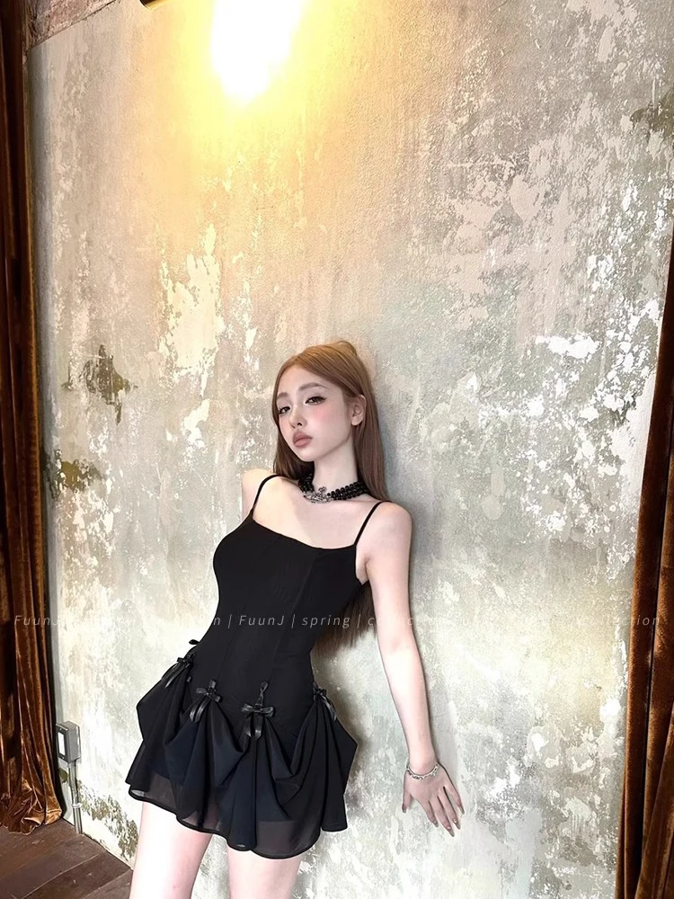 Women Solid Color Prom Dresses Sweet Bow Suspender Dress Summer New Female Elegant Party Slim-fit Dress