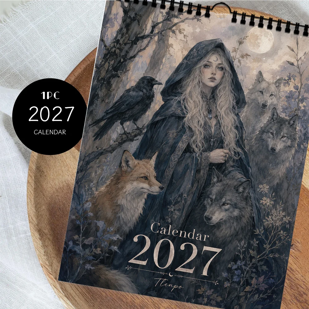 1pc 2027 Forest Witch And Beasts Wall Calendar,12‑Month Planner,Gift For ,Christmas,Halloween,New Year,Free Stickers Included