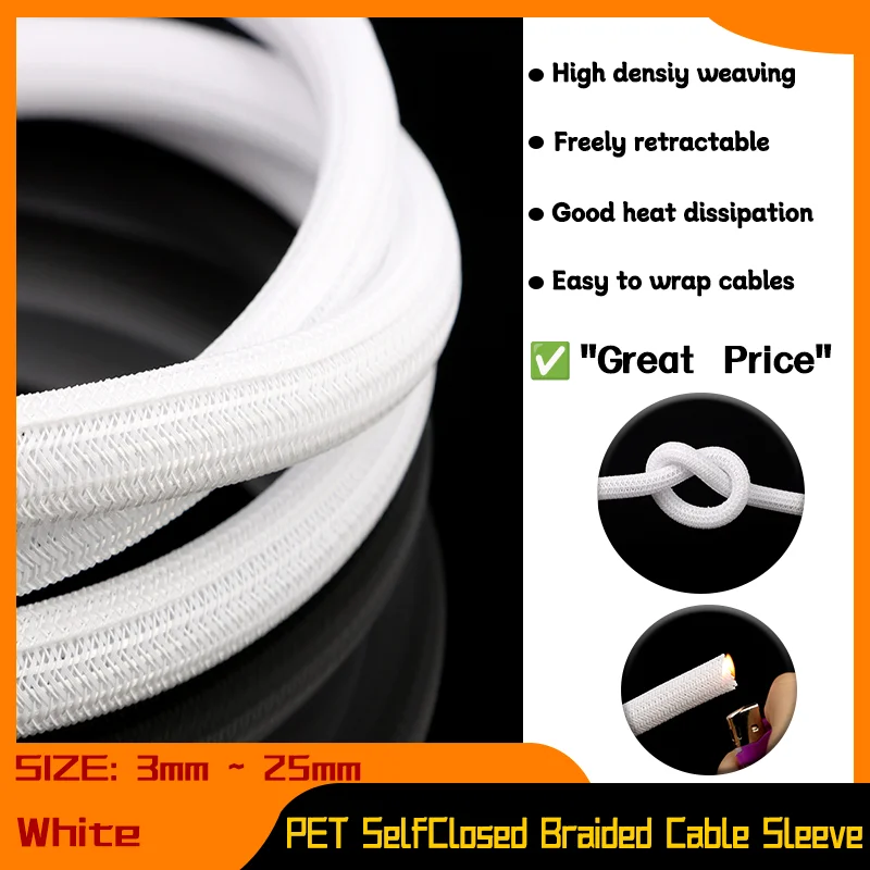 

Flexible Self Closed Insulated Wrap Pipe Tube Line Protector Wire Organizer White PET Braided Expandable Cable Sleeve 3mm ~ 25mm