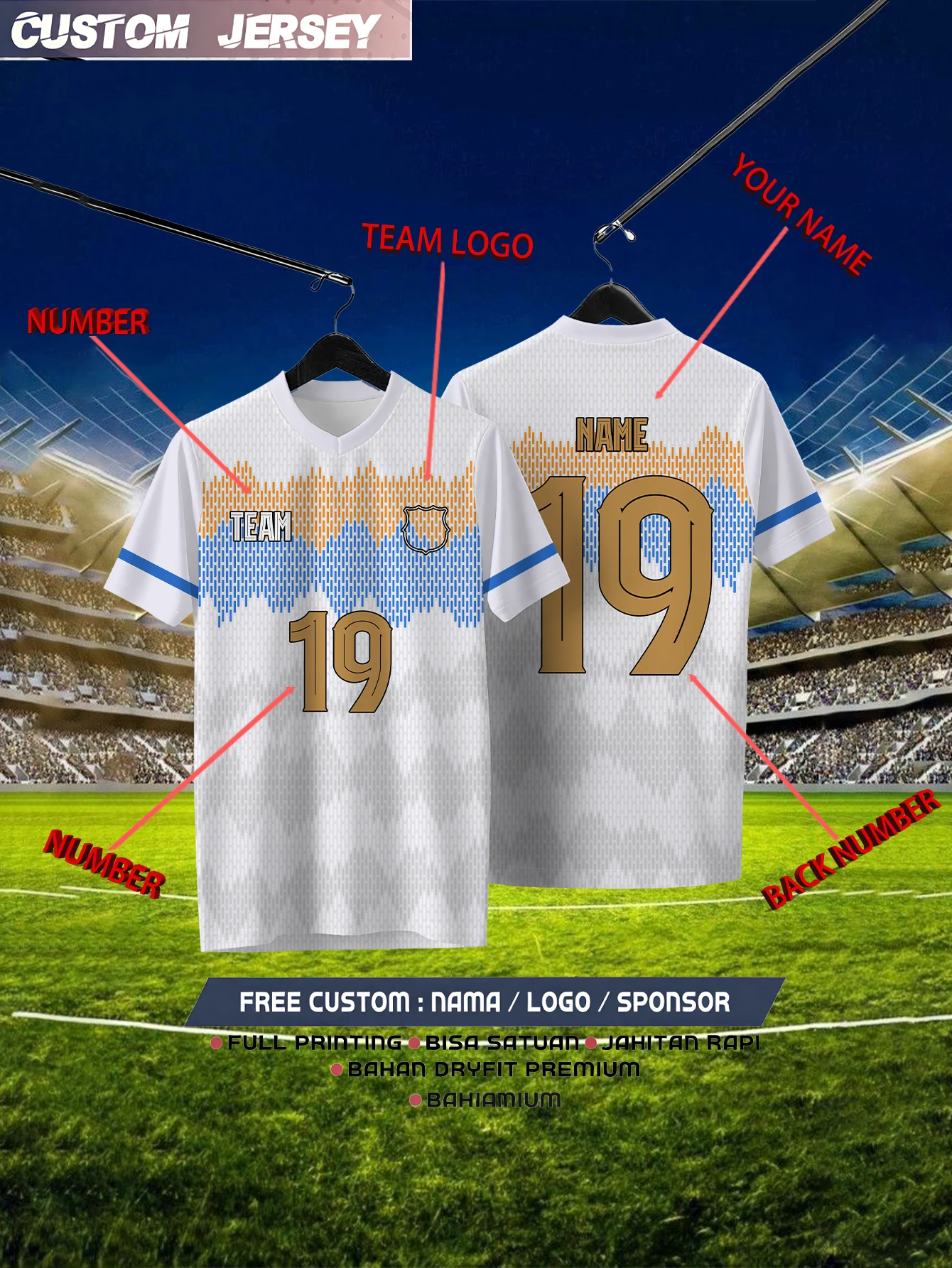 

Customized Geometric White Short Sleeved Shirt with Team Name, Emblem, Name and Number, Outdoor Sports Short Sleeved T-shirt