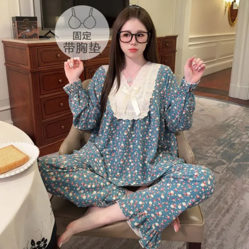 Spring Autumn Women Padded Pajamas Girls Student Polka Dot Long-sleeve Plus-size Set Ladies Casual Loungewear Lady Dorm Homewear