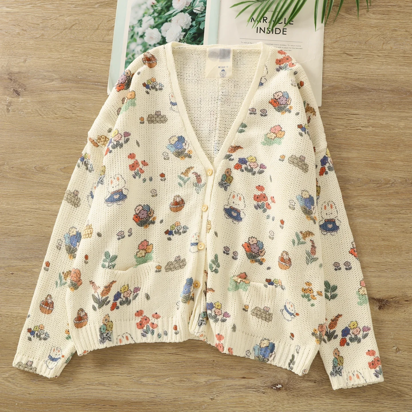 

Mori Girl Preppy Style Cartoon Floral Print V-Neck Cardigan for Women Autumn Japan Style Kawaii Knit Sweater Knitwear