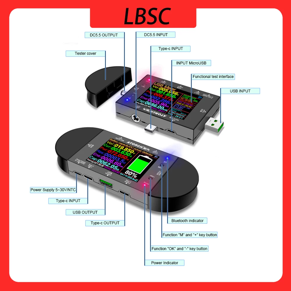 Probador USB tipo C UD24 DC5.5, voltímetro digital de 2,4 pulgadas, amperímetro, detector de voltaje de Banco de energía, medio