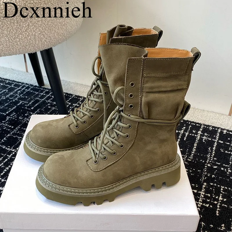 

Women Round Toe Flat Thick Sole Mid Calf Boots Kid Suede Cross Tied Autumn Winter Shoes Lace Up British Style Work Short Boots