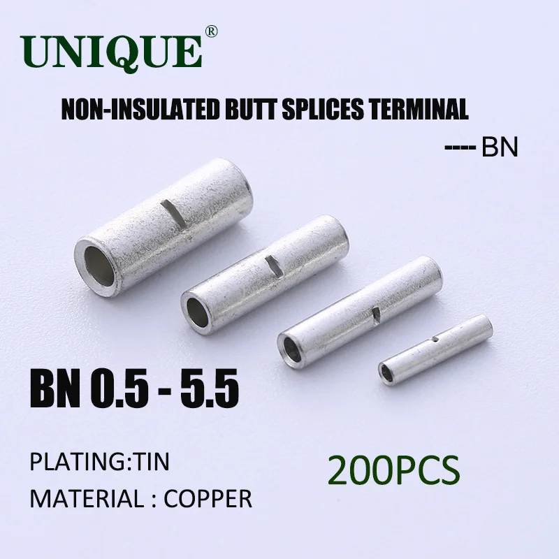 

YQUNIQ 200 PCS 26-10 AWG BN0.5 BN1.25 BN2 BN3.5 BN5.5 Non-Insulated Butt Connector Crimp Wire Terminal Bare