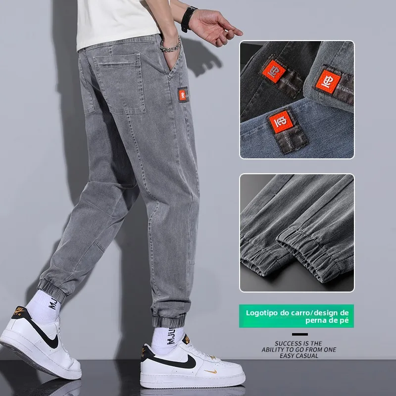 Calças Jeans Masculinas Casuais de Corte Solto e Ajuste Slim, Finas, para Outono Inverno, Calças Esportivas de Comprimento 7/...
