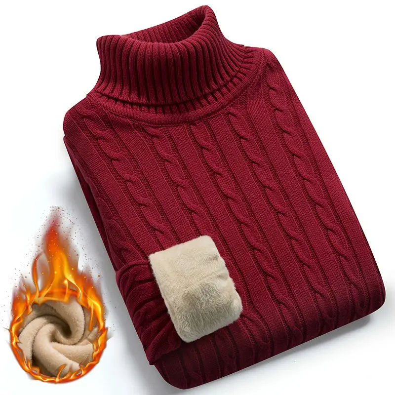 

Winter Super Warm Sweater Men's Turtleneck Slim Soft Fleece Pullover Solid Knitted Velvet Thickening Sweater Men Knitwear A94