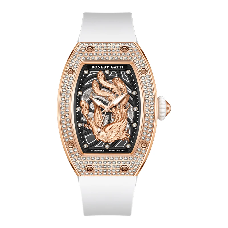 BONEST GATTI Women's Luxury Watches Phoenix Series Diamond Inlaid Skeleton Automatic Mechanical Wristwatch