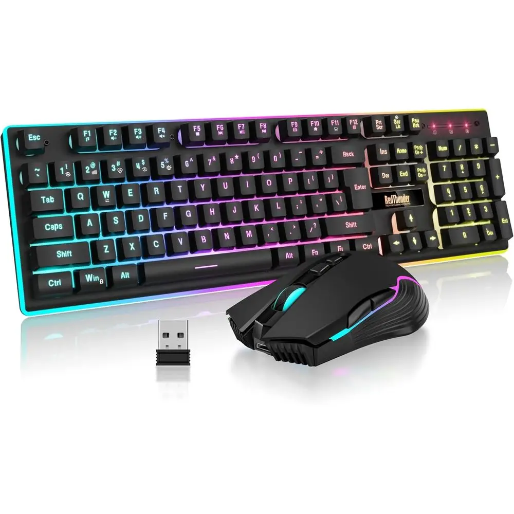 Wireless Gaming Keyboard and Mouse Set, LED Backlit, Rechargeable 3800mAh, Mechanical Feel Keyboard + 7D 3200DPI Mouse for PC Ga