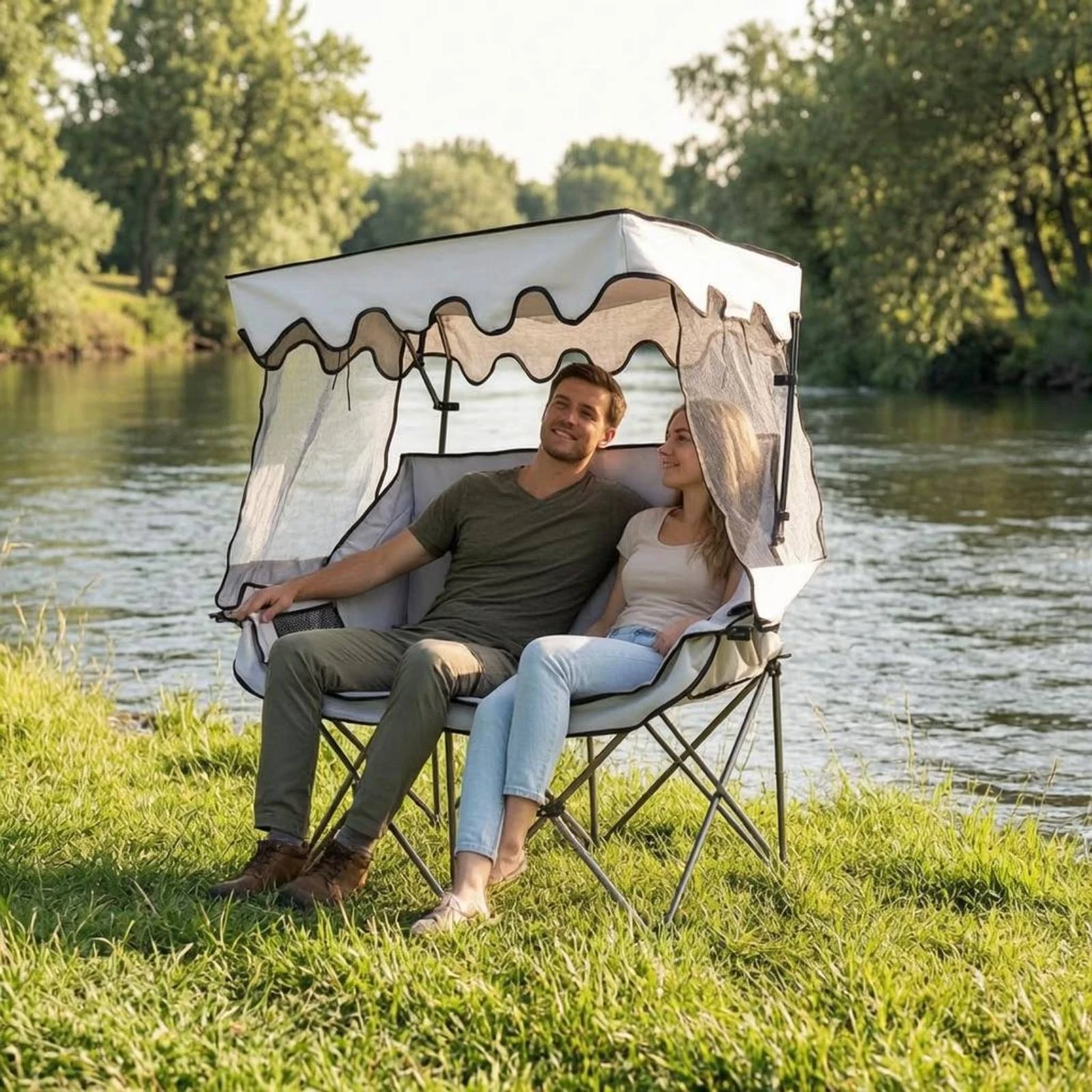 Camping Chair with Canopy Heavy Duty Double Seater Canopy Chair Folding Beach Loveseat 600D Oxford Outdoor Furniture for Fishing