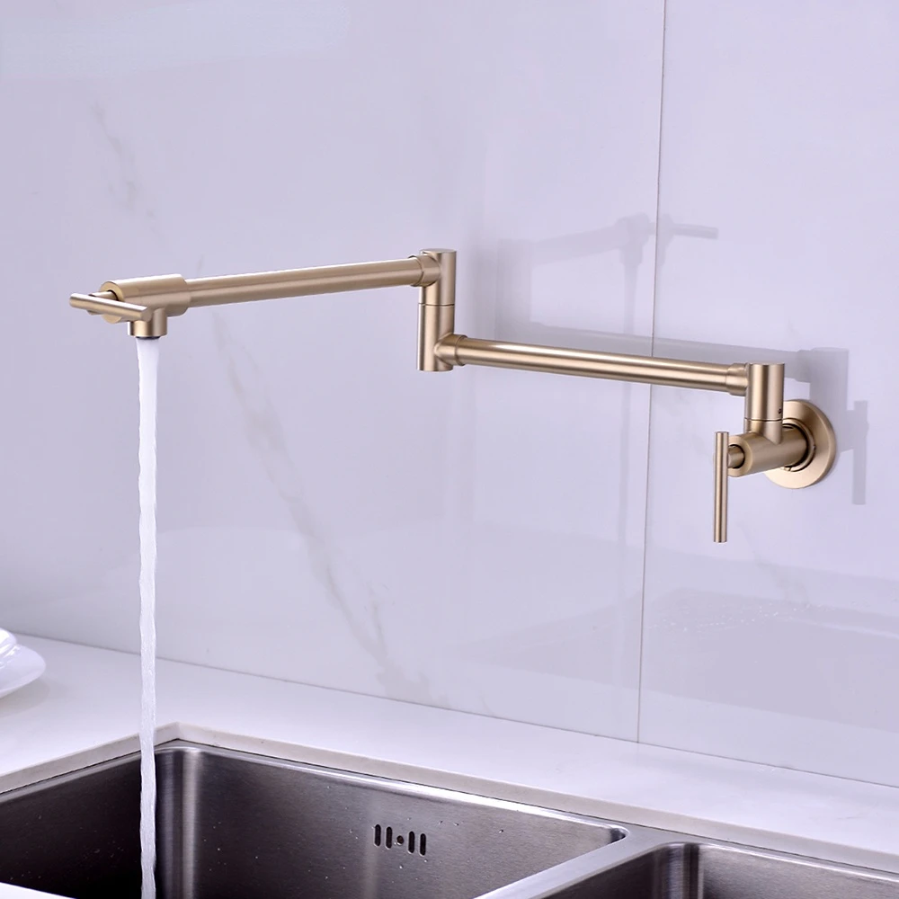 

Pot Filler Tap Wall Mounted Foldable Kitchen Faucet Single Cold Single Hole Sink Taps Rotate Folding Spout Brushed Gold SUS304