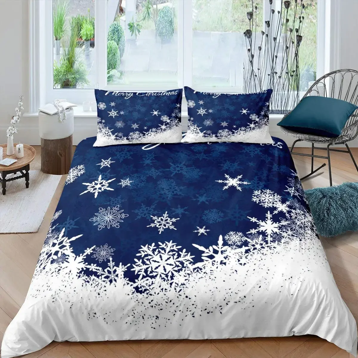 Winter Duvet Cover Set, Various Different Snowflakes, Decor 3 Piece Bedding Set with 2 Pillow Shams, Full King Queen Twin Size