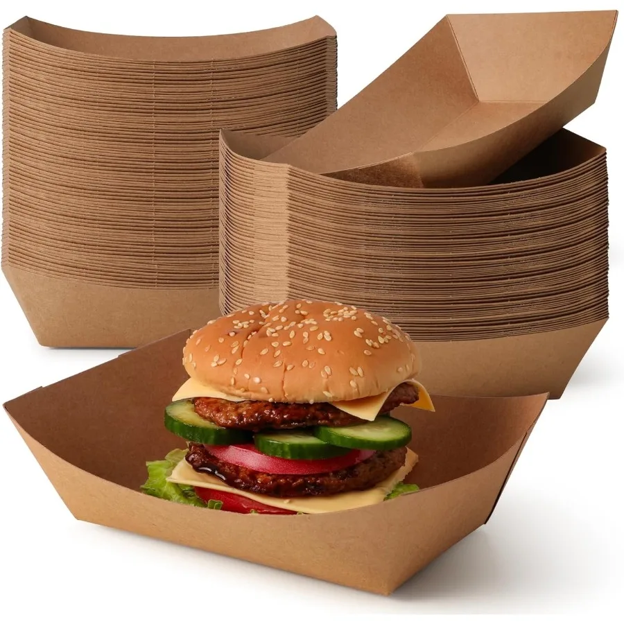 

500 Pack 3 lb Paper Food Boats Heavy Duty Disposable Trays Kraft Brown for Parties Fairs Picnics Carnivals Holds Tacos Nachos F