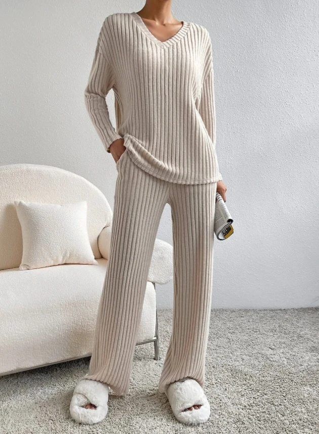 Women's Casual Two-piece Straight Wide Leg Pants Loose Embossing Temperament V-neck Long Sleeve Pit Stripe Knitted Pants Set