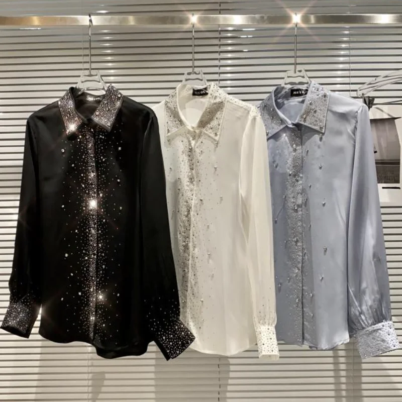 Spring Fall Lapel Stars Rhinestone Satin Shirts Solid Color Faux Silk Diamonds Blouse Long Sleeve Turn Down Collar Blusas Mujer