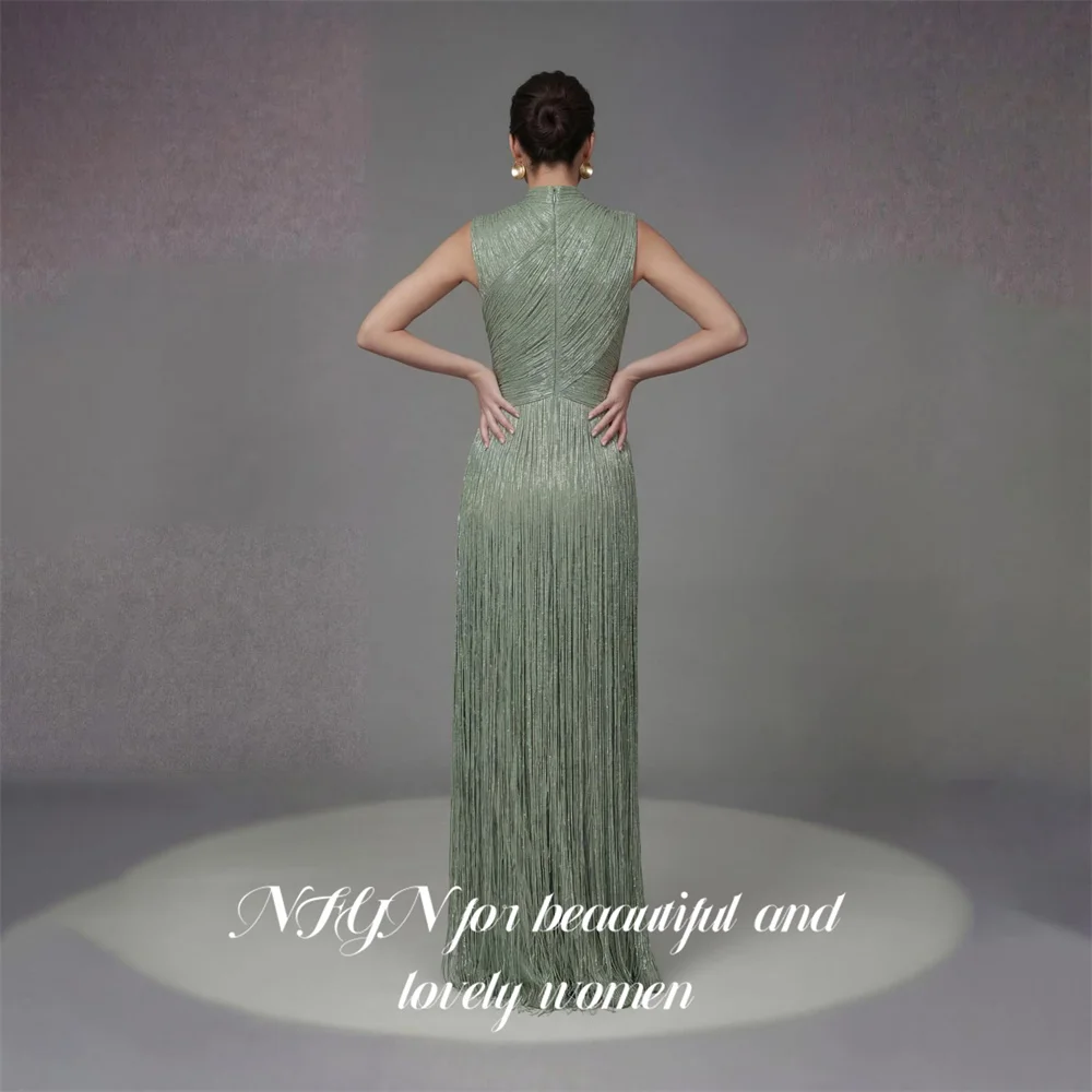 NFYN Sage Green Evening Dresses Tank Sleeveless Party Dress with Tassel vestidos de fiesta Straight Prom Gowns Simple Customized image 2