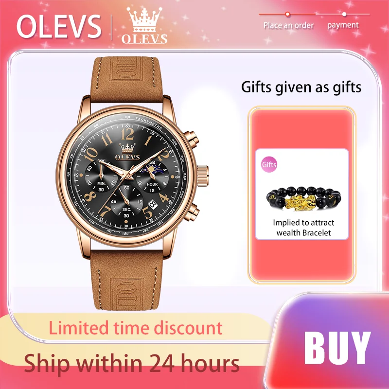 OLEVS Original Brand Men's Watches Business Arabic Numeral scale Leather strap Moon Phase Chronograph Trend Quartz Male Watch