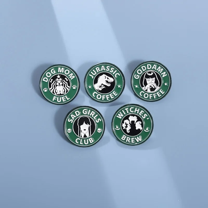 Movie Coffee Enamel Pins Sad Girls Dog Mom Fuel Witches Brew Brooch Round Lapel Badge Animal Decor Jewelry Gift for Kids Friends