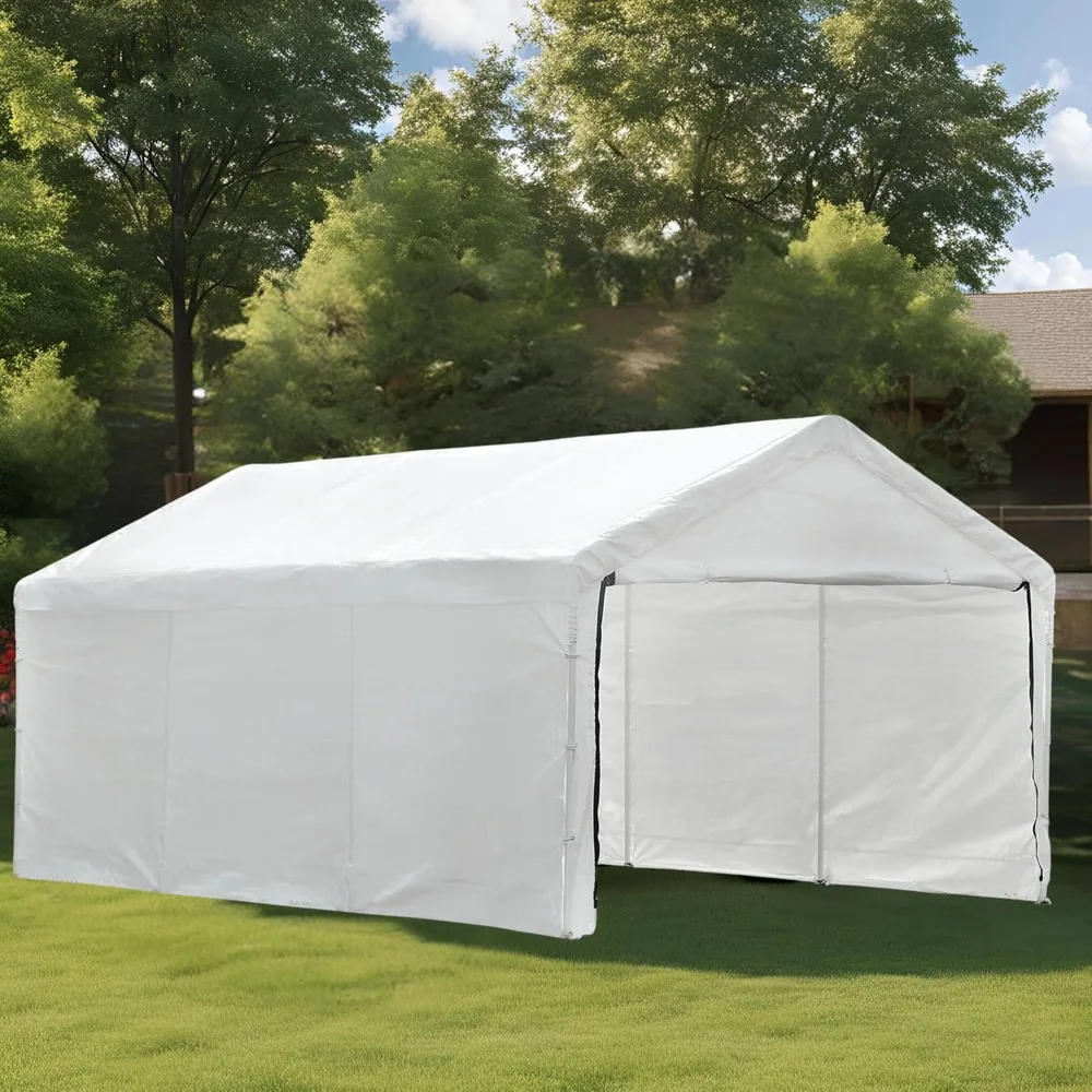 

Heavy-duty Carport with Roller Shutter Door and Removable Side Walls, Portable Garage, All-season Reflective White Carport