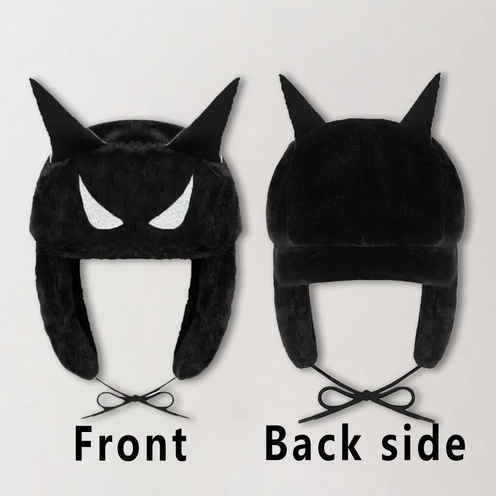 Women Black Plush Devil Ear Trapper Hat Devil Eyes Embroidery Tie‑Up Windproof Y2K Gothic Alt Style Winter Warm Hat