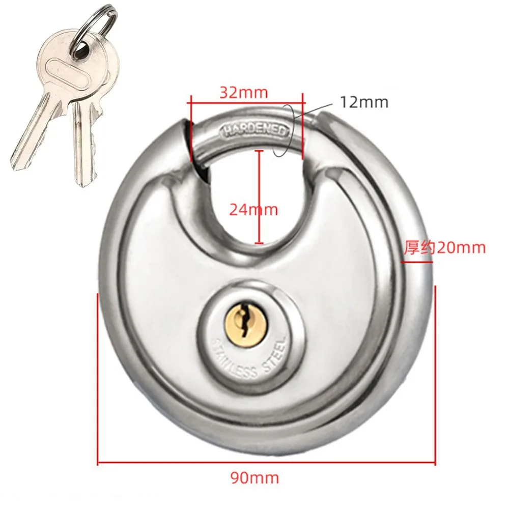 

Stainless Steel Disc Locking Padlock with 2 Keys 80/90mm Round Disc Lock Convenient Water Resistant Security Lock Indoor Use