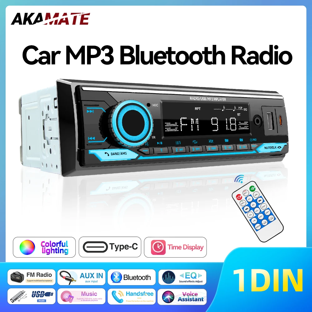 

Автомагнитола MP3-плеер с Bluetooth, эквалайзером, AUX, USB, цветной подсветкой, FM-радио, голосовым помощником для Honda, VW, BMW, Benz, 1Din