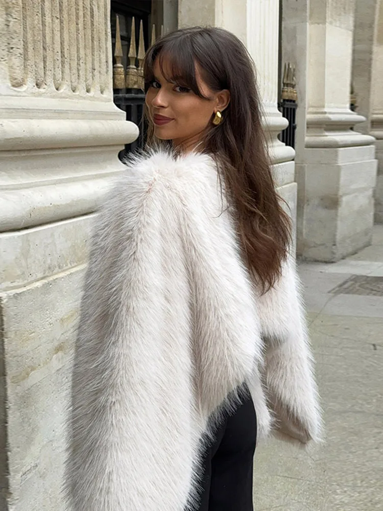 Abrigos de piel esponjosos degradados para mujer, ropa de abrigo recta de manga larga con cuello alto, chaquetas cortas gruesas y cálidas para invierno 2024