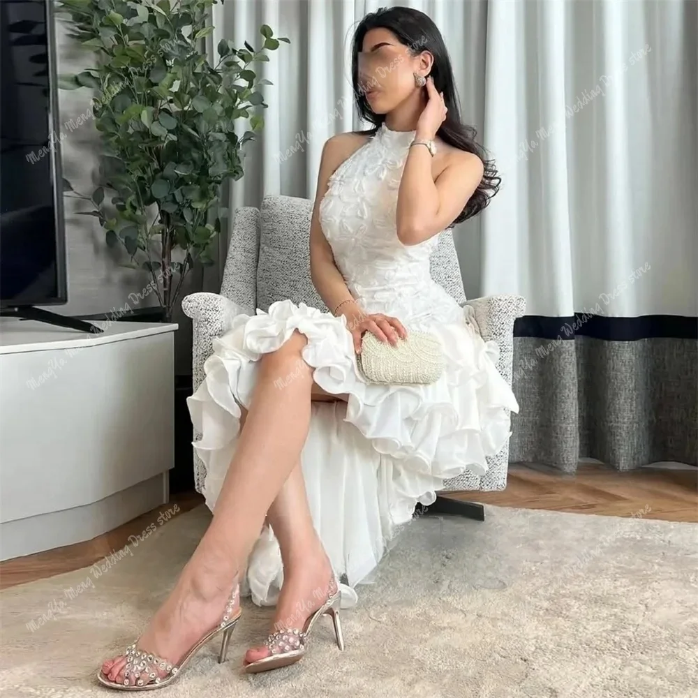 ZHUISHU Sexy High Low Ruched Halter Wedding Party Gown Saudi Women Zipper Back Flowers Prom Dress Customized vestidos de novia