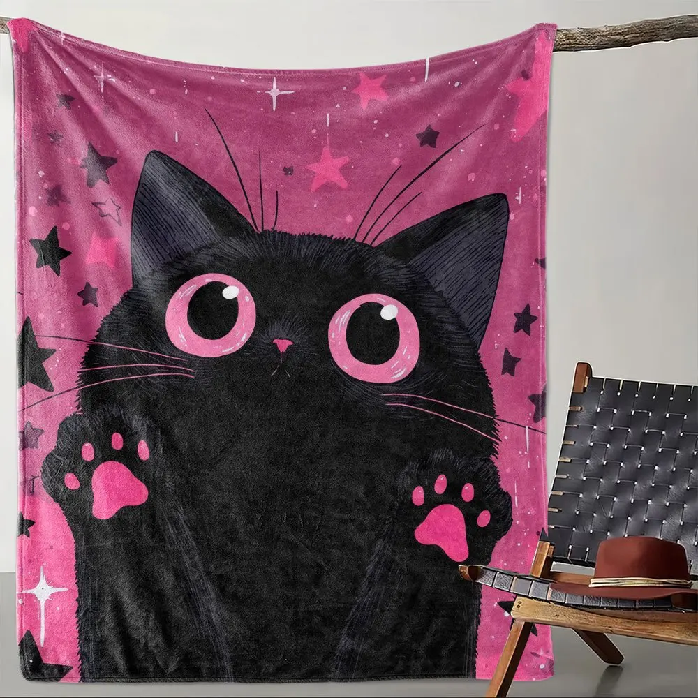 Super Cute Black Cat Pink Stars Fleece Blanket Throw Plush Cozy Pet Gift for Girls Boys Novelty Throw Blanket