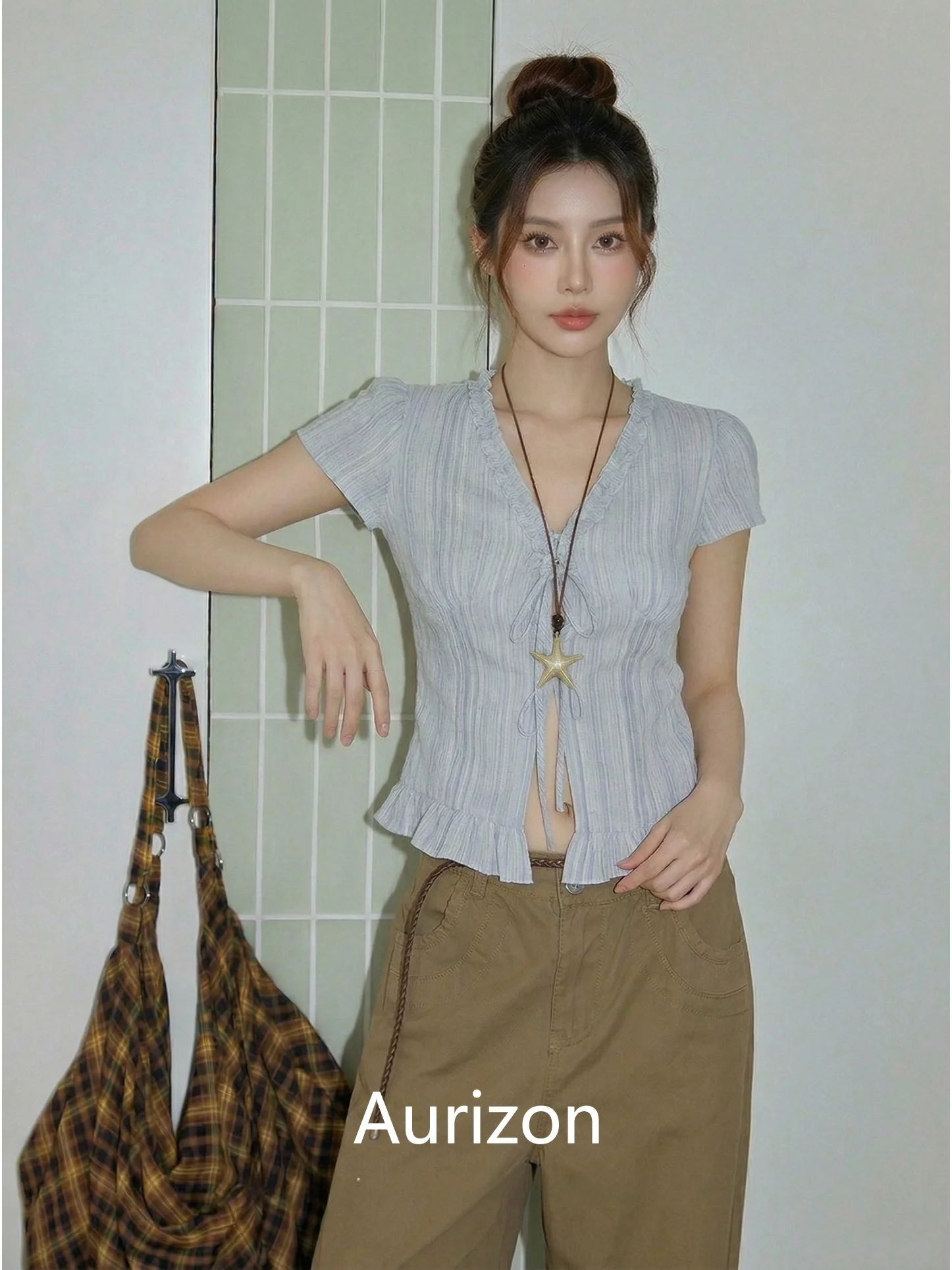 Summer 2026 Women's V-neck Striped Short-sleeve Shirt Sweet Slimming Small-market Polyester Fiber Casual Commute Style Blouse