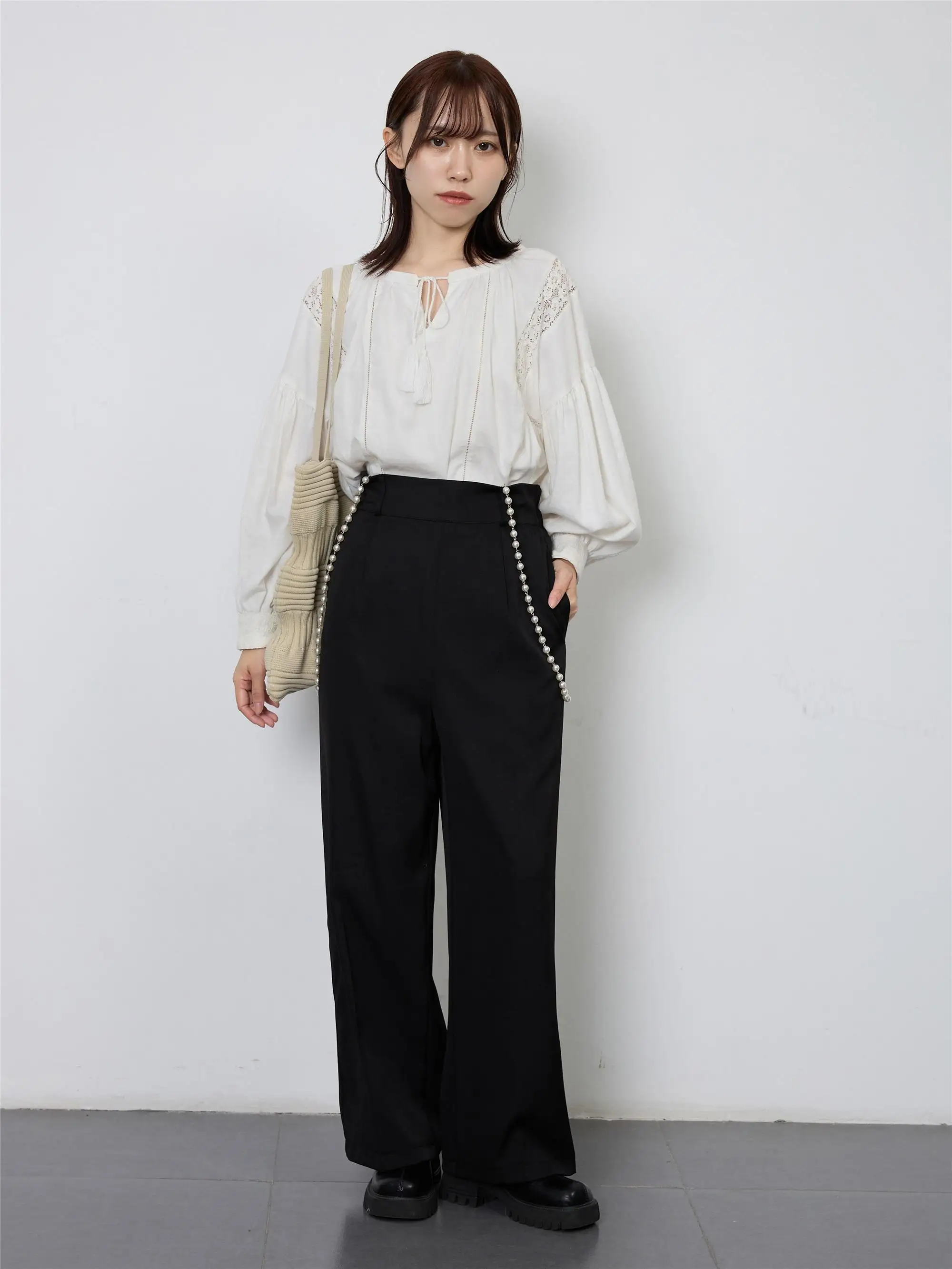 

Annuus Autumn High Waist Straight Leg Pants Pearl Waist Chain Casual Loose Trousers Korean Sle Faionable Striped Polyester