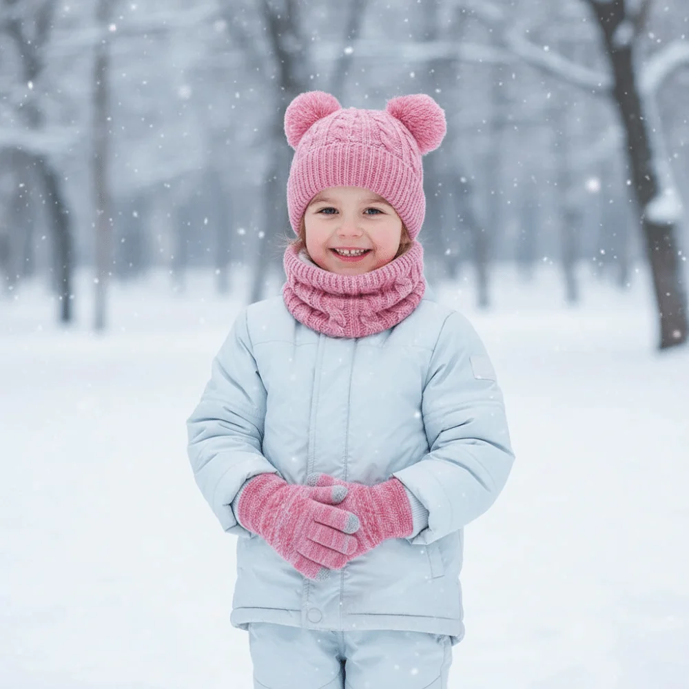 Casual Cute Pompom Baby Hat Scarf Gloves Set Warm Ears Thickened Toddler Knitted Hats Multicolor with Velvet Kids Hat Set Girls