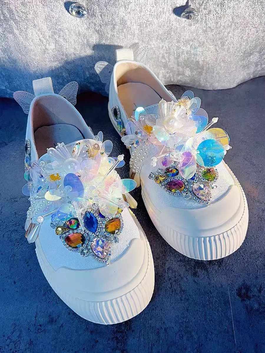 

White pearl rhinestone sequined fringe beaded espadrilles large size comfortable casual sports women's shoes 35-40