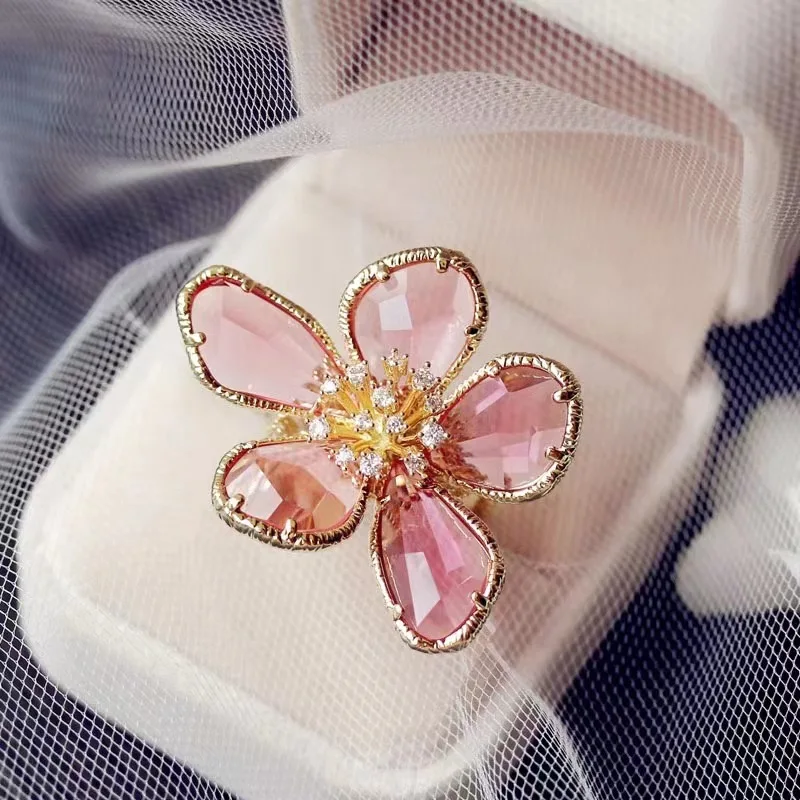 Luxury Crystal Flower Big Open Ring for Women Trendy Fashion Party Summer Holiday Statement Jewelry