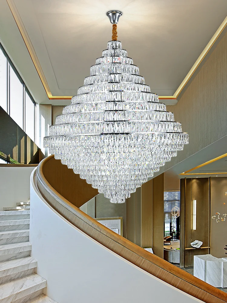 

Villa Modern Ceiling Chandelier Duplex Building Headlight Pyramid-Shaped Crystal Circle Lamp Living Room Light Engineering Lamp