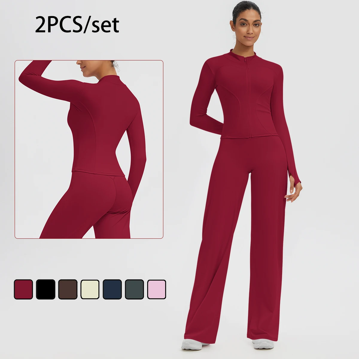 Hamidou Female Sportswear Yoga Set Solid Color Yoga Zipper Long Sleeves Outdoors Coat Quick Drying High Waisted Wide Leg Pants