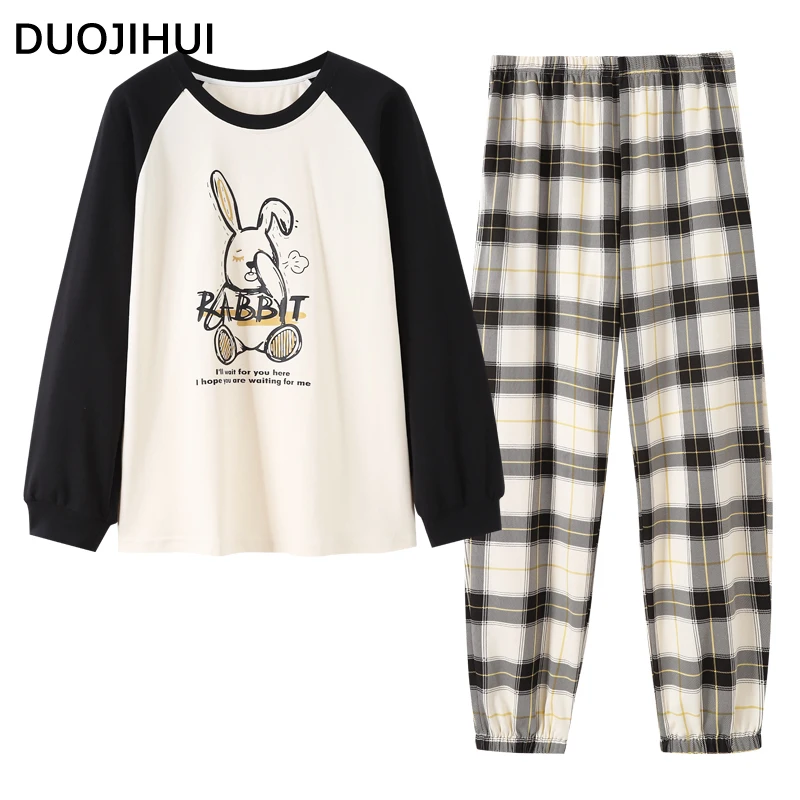 DUOJIHUI-Conjunto de pijama holgado para mujer, jersey de cuello redondo con estampado de chica, pantalón informal Simple, a la moda, otoño