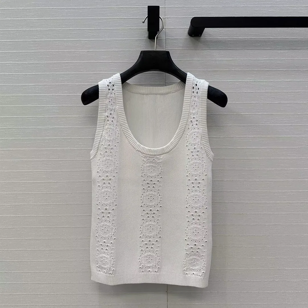 

New Summer Sweet Thin Tank Tops Women O-neck Sleeveless Hollow Out Floral Knitted Casual Slim Vest Tee