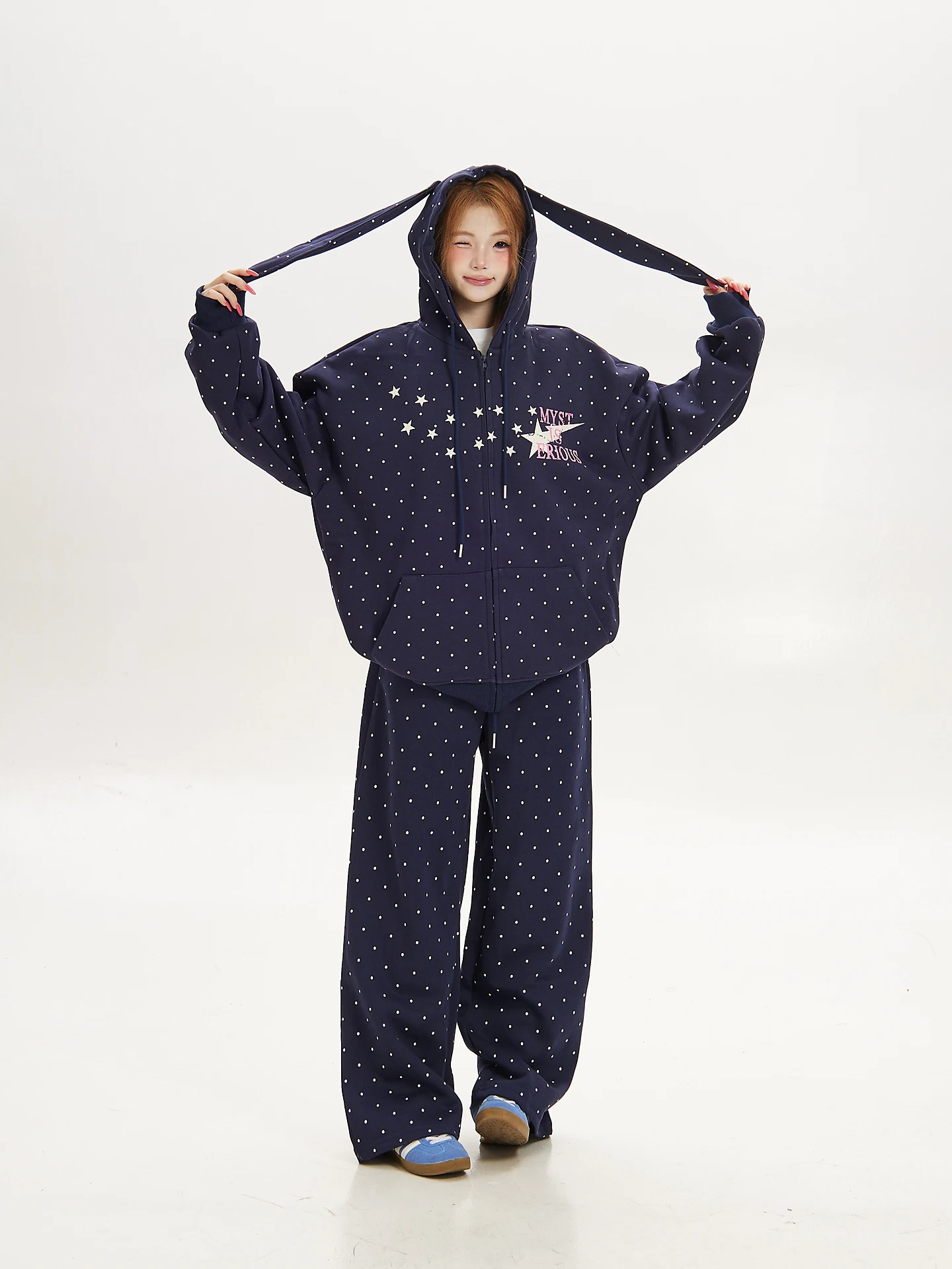Ant Mint Green Polka Dot Rabbit Ear Hoodie Set Women Loose Cute Design Casual Style Long Sleeve Thermal Outerwear