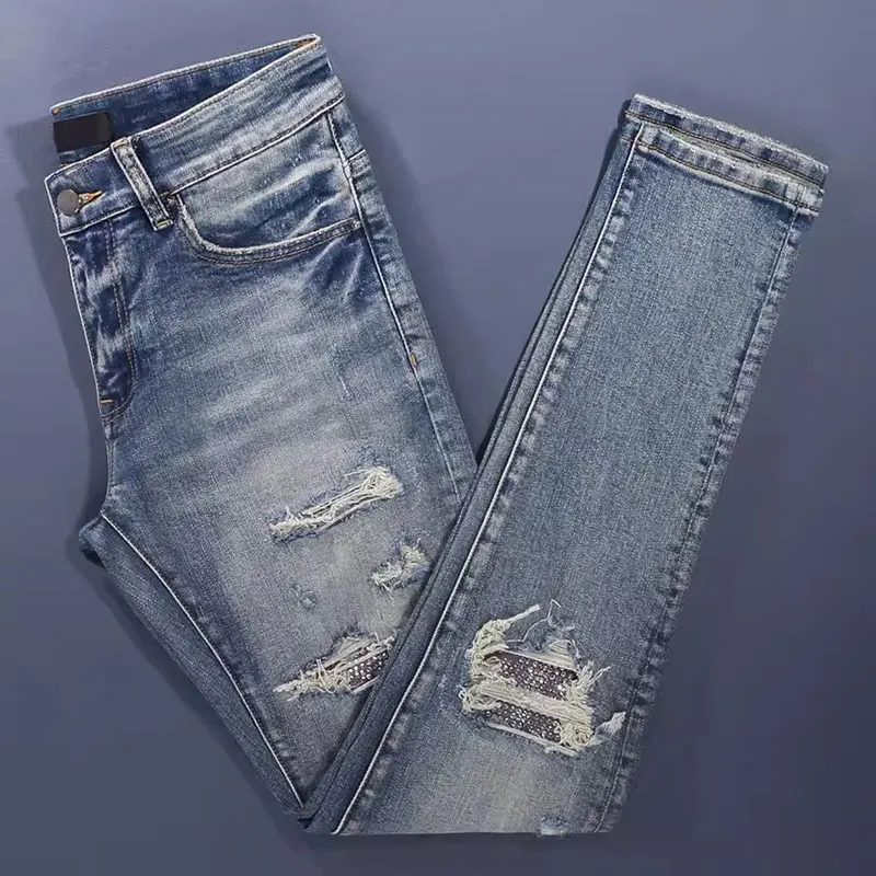 y2ken Light‑Blue Gradient Washed Multi‑Row Frayed Ripped Distressed Stretch Skinny Denim Jeans Hip‑Hop Streetwear Denim Jeans