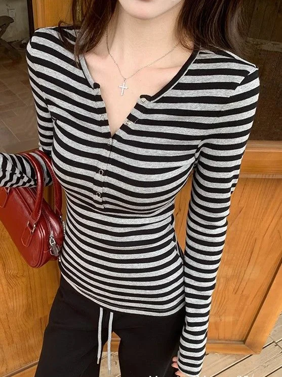 Vintage Gestreifte Nette T-shirts Frauen Koreanische Mode Taste Fee Grunge T-Shirt Y2K Kleidung Casual Herbst Winter Streetwear Top – Detail 13