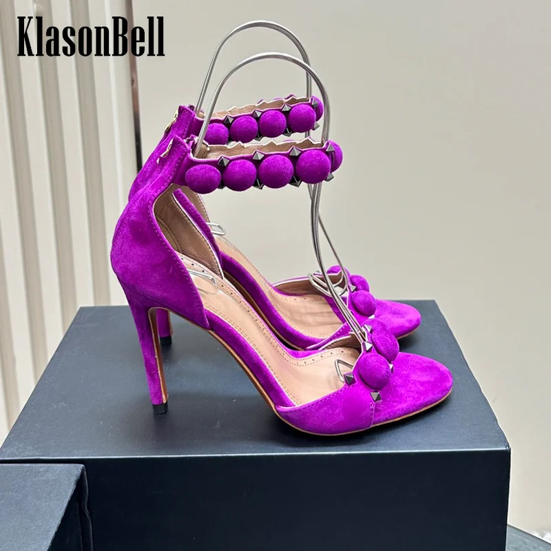 

7.3 KlasonBell Women Metal Rivet High Heel Sandals 2024 Summer New Cow Suede Back Zipper Peep Toe Fashion Sandals