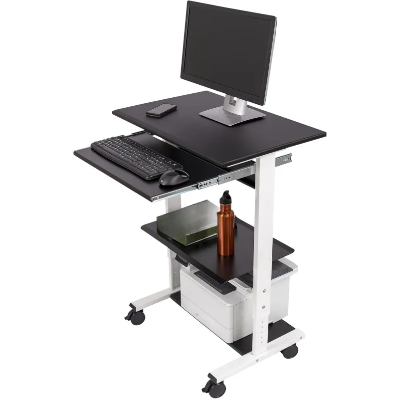 Rolling Adjustable Height Standing Workstation with Printer Shelf and Slideout Keyboard Tray (White Frame/Black Top, 30