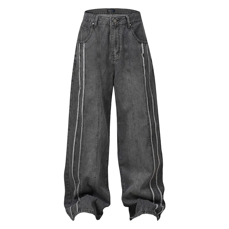 

Hi Street Vintage Casual Jeans Pants Straight Loose Streetwear Denim Trousers For Male Patchwork
