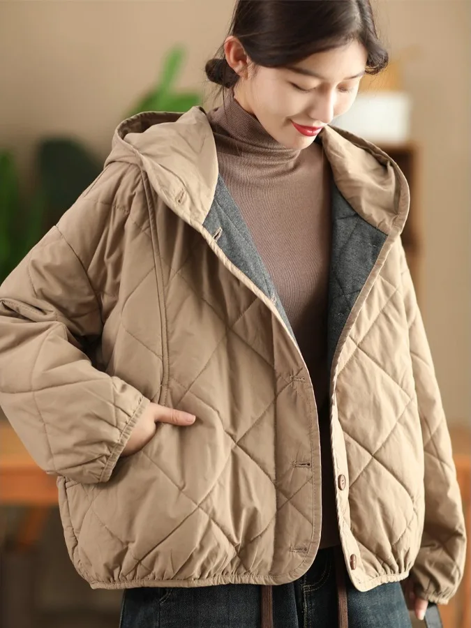 

Thiened Diamond Pattern Cotton Padded Jaet Hooded Warm Coat Inner Flannel Brand Button Korean Sle Long Sve